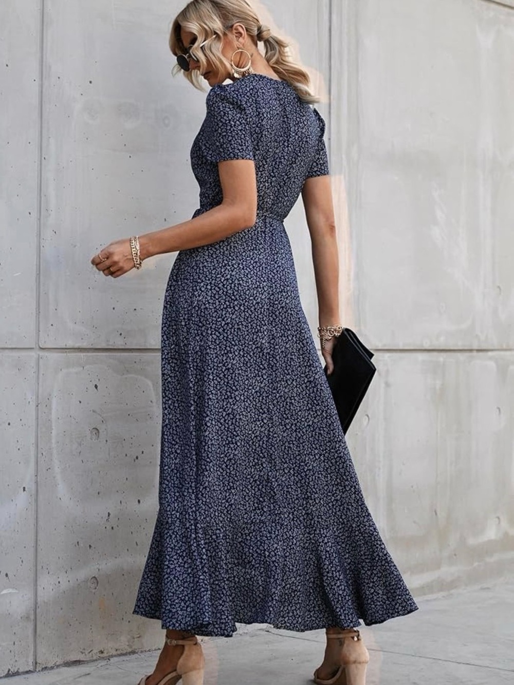 Navy Floral Wrap Maxi Dress with Tie Waist - Picture 3 of 8